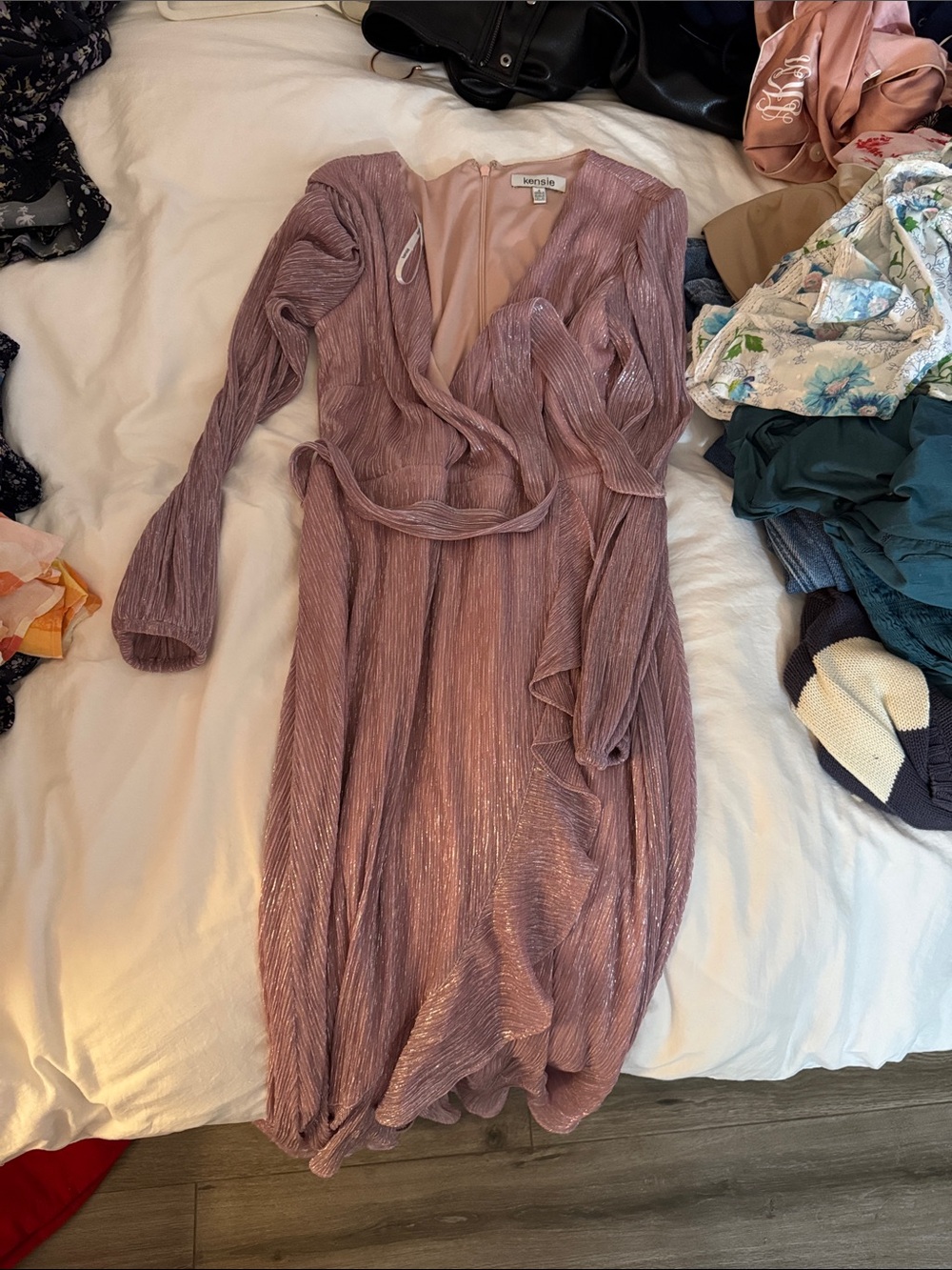 Kensie Shimmery Dusty Rose Long-Sleeve Wrap Dress